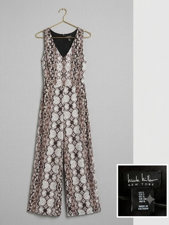Nicole Miller Pants - Nicole Miller Brown and White Snake-Print V-Neck Jumpsuit